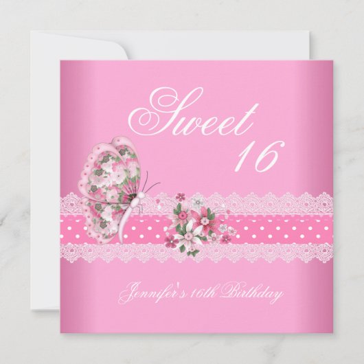 Sweet 16 誕生日会 ピンク 白 ピンクドット 招待状 (正面)