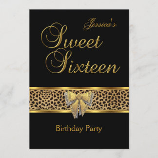 Sweet 16 誕生日 ゴールド ブラック レオパード リボン 招待状