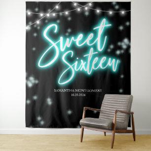 Sweet 16 誕生日 ティール ネオン グロー ダーク バックドロップ タペストリー