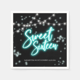 Sweet 16 誕生日 ティール ネオン グロー ダーク パーティー スタンダードカクテルナプキン