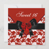 Sweet 16 誕生日 赤 黒 白 フローラル リボン 招待状 (正面)