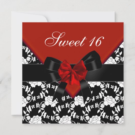 Sweet 16 誕生日 赤 黒 白 花 フラワー ボウ 招待状 (正面)