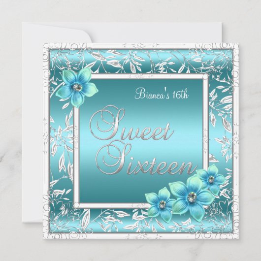 Sweet 16 16歳の誕生日 ティールブルー 花 シルバー 招待状 (正面)