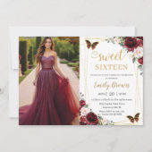 Sweet 16 Birthday Burgundy Blush Floral Butterfly  招待状 (正面)