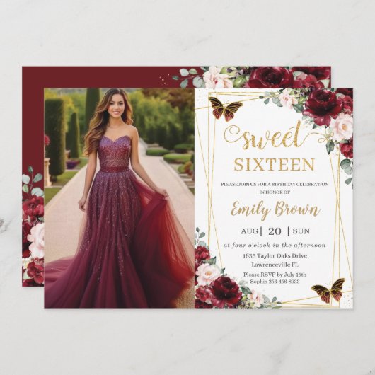 Sweet 16 Birthday Burgundy Blush Floral Butterfly  招待状 (正面/裏面)