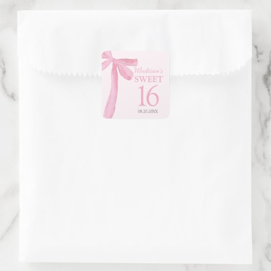 Sweet 16 Birthday Coquette Pink Bow Personalized  スクエアシール (バッグ)