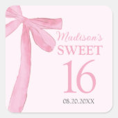 Sweet 16 Birthday Coquette Pink Bow Personalized  スクエアシール (正面)