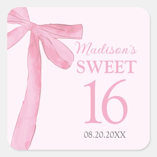 Sweet 16 Birthday Coquette Pink Bow Personalized  スクエアシール (正面)