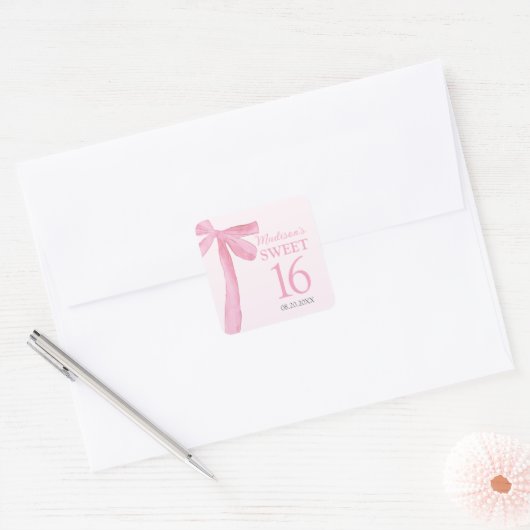 Sweet 16 Birthday Coquette Pink Bow Personalized  スクエアシール (封筒)