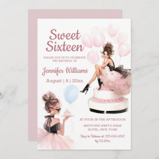 sweet 16 birthday girl pink party invitation  ノートカード