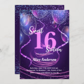 Sweet 16 Birthday Girly Glam Balloons 招待状 (正面/裏面)