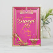 Sweet 16 Birthday Hot Pink Tiara Heel Gold Handbag 招待状 (スタンド正面)