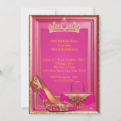 Sweet 16 Birthday Hot Pink Tiara Heel Gold Handbag 招待状 (裏面)