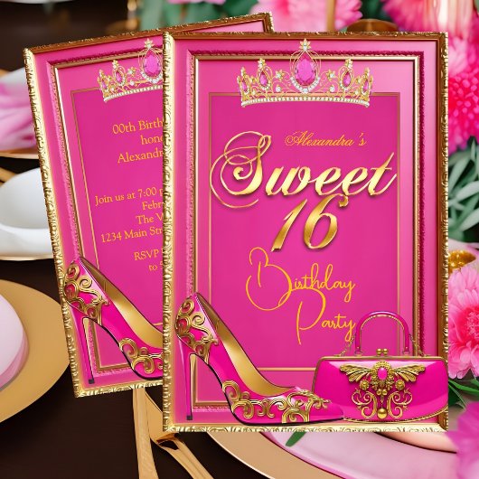 Sweet 16 Birthday Hot Pink Tiara Heel Gold Handbag 招待状