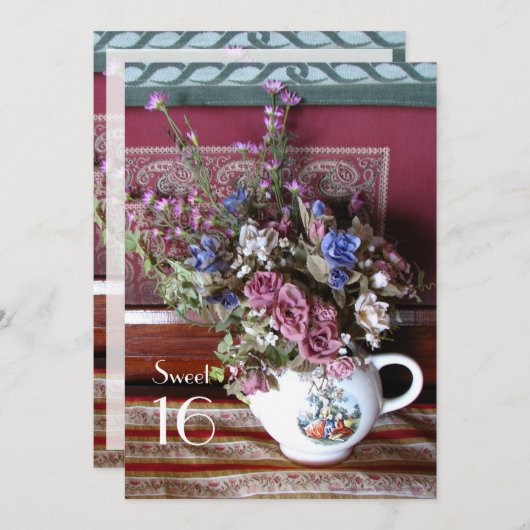 Sweet 16 Birthday Party Invitation、ヴィンテージ・ティーポット 招待状 (正面/裏面)