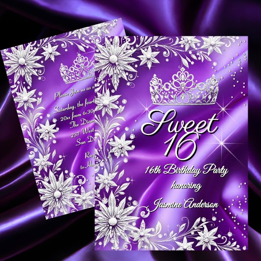 Sweet 16 Birthday Purple Silver Winter Wonderland 招待状