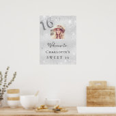 Sweet 16 birthday silverグリッターphoto welcome ポスター (キッチン)