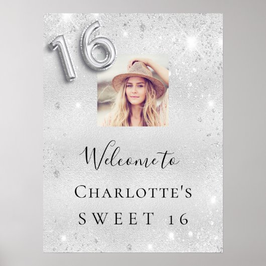 Sweet 16 birthday silverグリッターphoto welcome ポスター (正面)