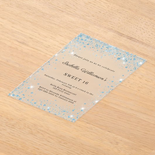 Sweet 16 blue glitter winter party frosted アクリル招待状 (レイダウン)