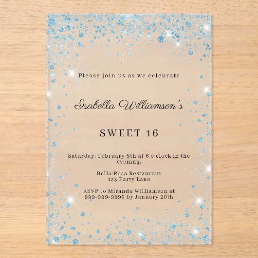 Sweet 16 blue glitter winter party frosted アクリル招待状 (正面)
