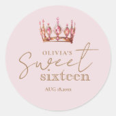 Sweet 16 Blush Pink & Gold Crown Birthday ラウンドシール (正面)