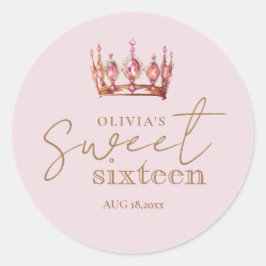 Sweet 16 Blush Pink & Gold Crown Birthday ラウンドシール