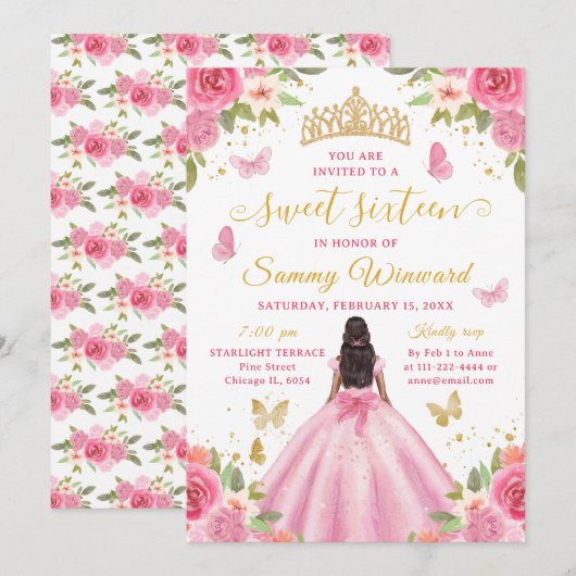Sweet 16 Blush Pink Princess African American Girl 招待状 (正面/裏面)