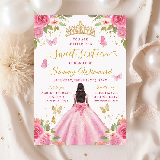 Sweet 16 Blush Pink Princess African American Girl 招待状