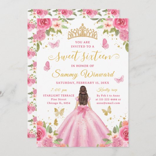 Sweet 16 Blush Pink Princess Brunette Girl 招待状 (正面/裏面)