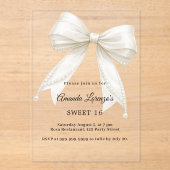Sweet 16 bow ivory pearls elegant clear luxury アクリル招待状 (正面)