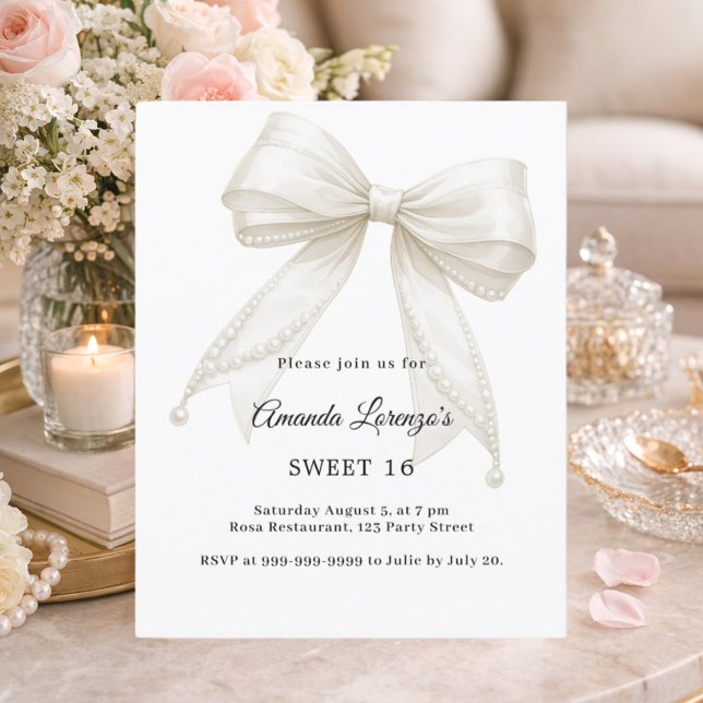 Sweet 16 bow ivory white pearls elegant invitation (クリエイターアップロード済み)