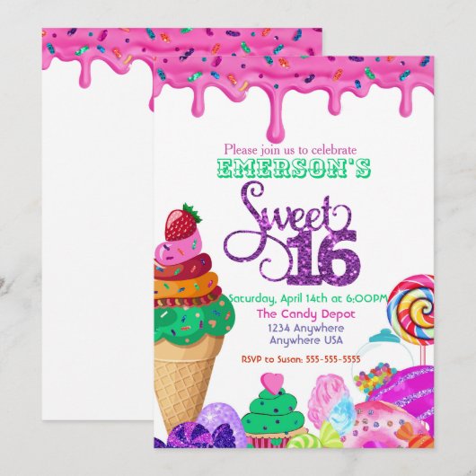 Sweet 16、Candyland、Candy Sweetsドーナツ 招待状 (正面/裏面)