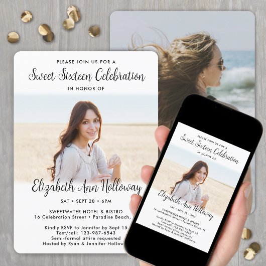 Sweet 16 Chic モダン Script 2フォトバースデーパーティー 招待状
