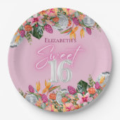 Sweet 16 Colorful Tropical Flowers Disco Birthday ペーパープレート (正面)
