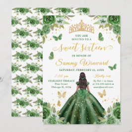 Sweet 16 Dark Green Princess African American Girl 招待状