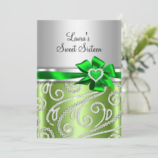 Sweet 16 Green Bow & Sparkle Diamondのお知らせ 招待状 (スタンド正面)