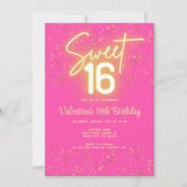  Sweet 16 Hot Pink Neon Glow Gold Glitter Birthday 招待状 (正面)