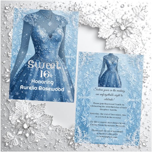 Sweet 16 Icy Blue Silver Snowflakes Personalized  招待状