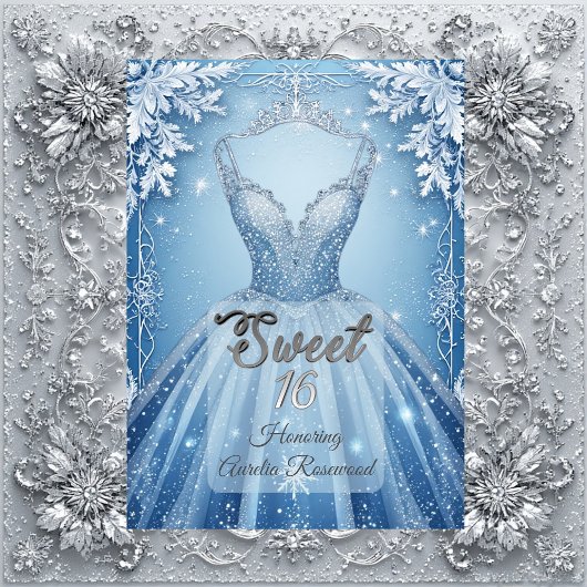 Sweet 16 Icy Blue Silver Winter Frost Snowflakes  招待状