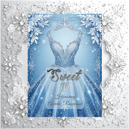 Sweet 16 Icy Blue Silver Winter Frost Snowflakes 招待状