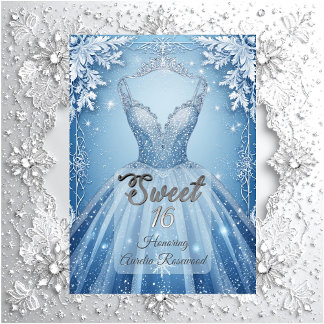 Sweet 16 Icy Blue Silver Winter Frost Snowflakes  招待状