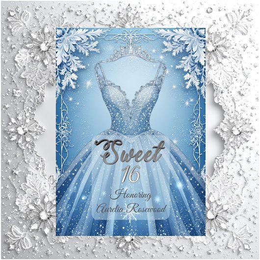 Sweet 16 Icy Blue Silver Winter Frost Snowflakes  招待状