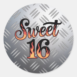 Sweet 16 In Fire Flames and Silver Plate Birthday ラウンドシール