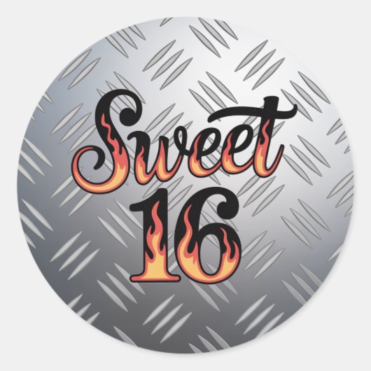 Sweet 16 In Fire Flames and Silver Plate Birthday ラウンドシール (正面)
