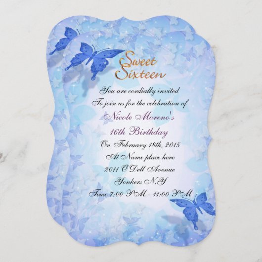 Sweet 16 invitation Blue butterflies 招待状 (正面/裏面)