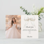 Sweet 16 ivory bow photo pearls サンキューカード (スタンド正面)