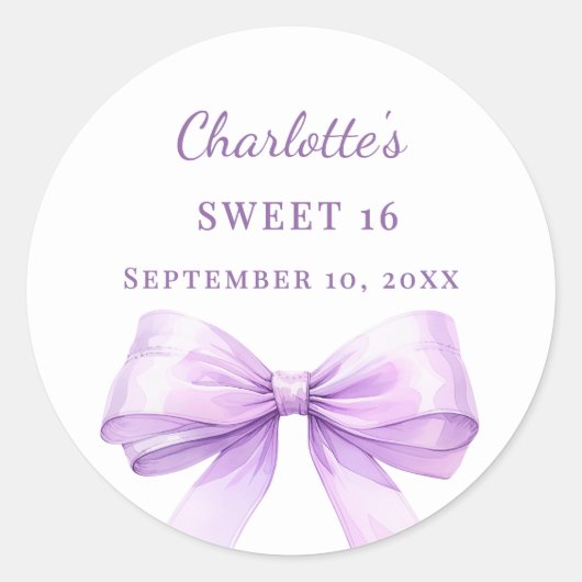 Sweet 16 lavender bow ラウンドシール (正面)