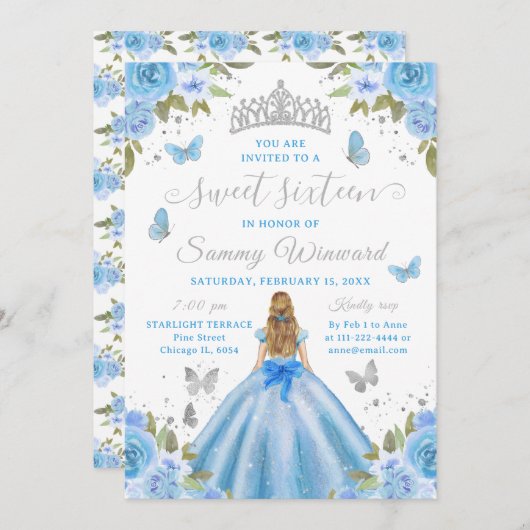 Sweet 16 Light Blue Princess Blonde Girl 招待状 (正面/裏面)