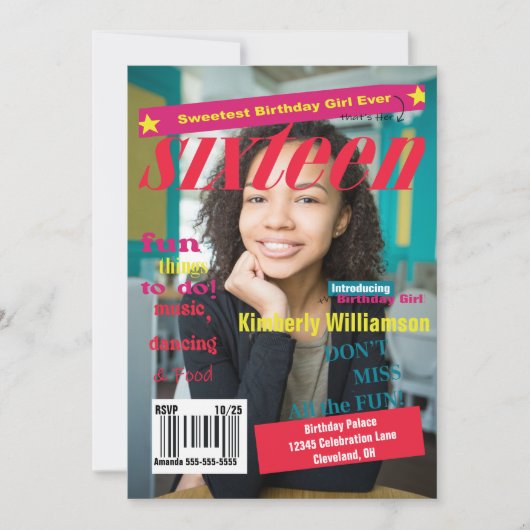 Sweet 16 Magazine 誕生日招待状 招待状 (正面)