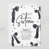  Sweet 16 Modern Stylish Black Bow Birthday Party 招待状 (正面)